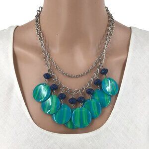 Double Strand Necklace Blue Green Beaded Fringe Silver Tone Chain Adjustable Len
